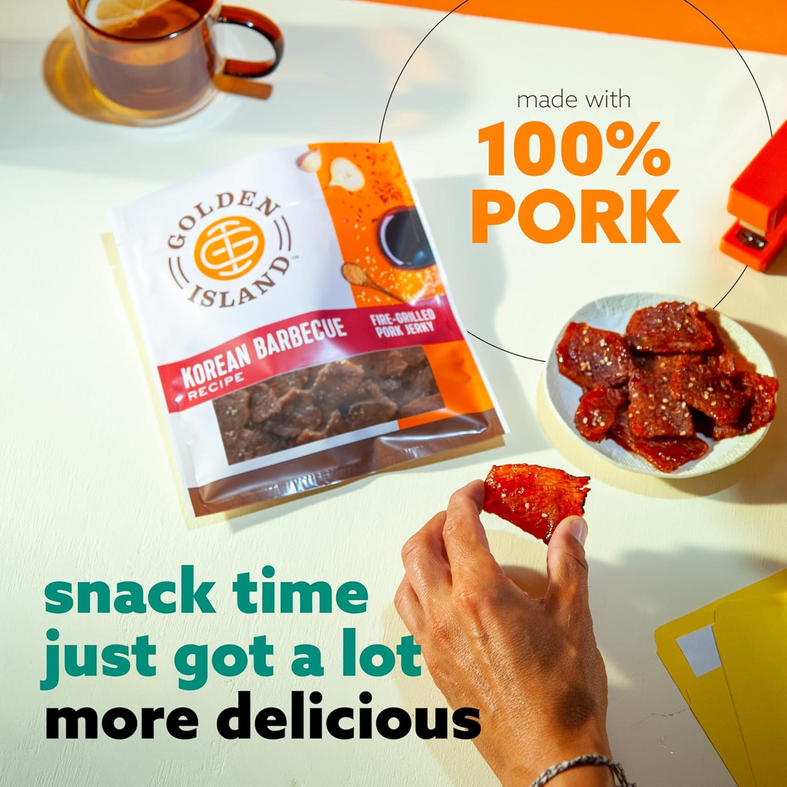 Golden Island Golden Island Pork Jerky Korean BBQ Flavored, Specialty Meat Snack, Gluten Free with Korean Barbecue Seasoning, Bite Sized Sweet and Savory Protein Snack, 7g of Protein Per Serving, 9 Oz (2 Pack)