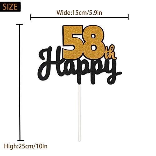 LASKYER LASKYER Happy 58th Birthday Black & Gold Glitter Cake Topper 58 Years Old 58 Birthday Party Decorations.