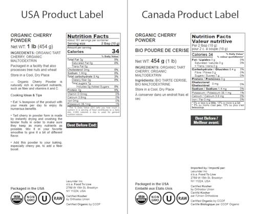 Food to Live Food to Live Organic Tart Cherry Powder, 1 Pounds Non-GMO, Raw, Kosher, Vegan Superfood, Bulk, Rich in Antioxidants, Great for Juices, Drinks, and Smoothies, Contains Maltodextrin