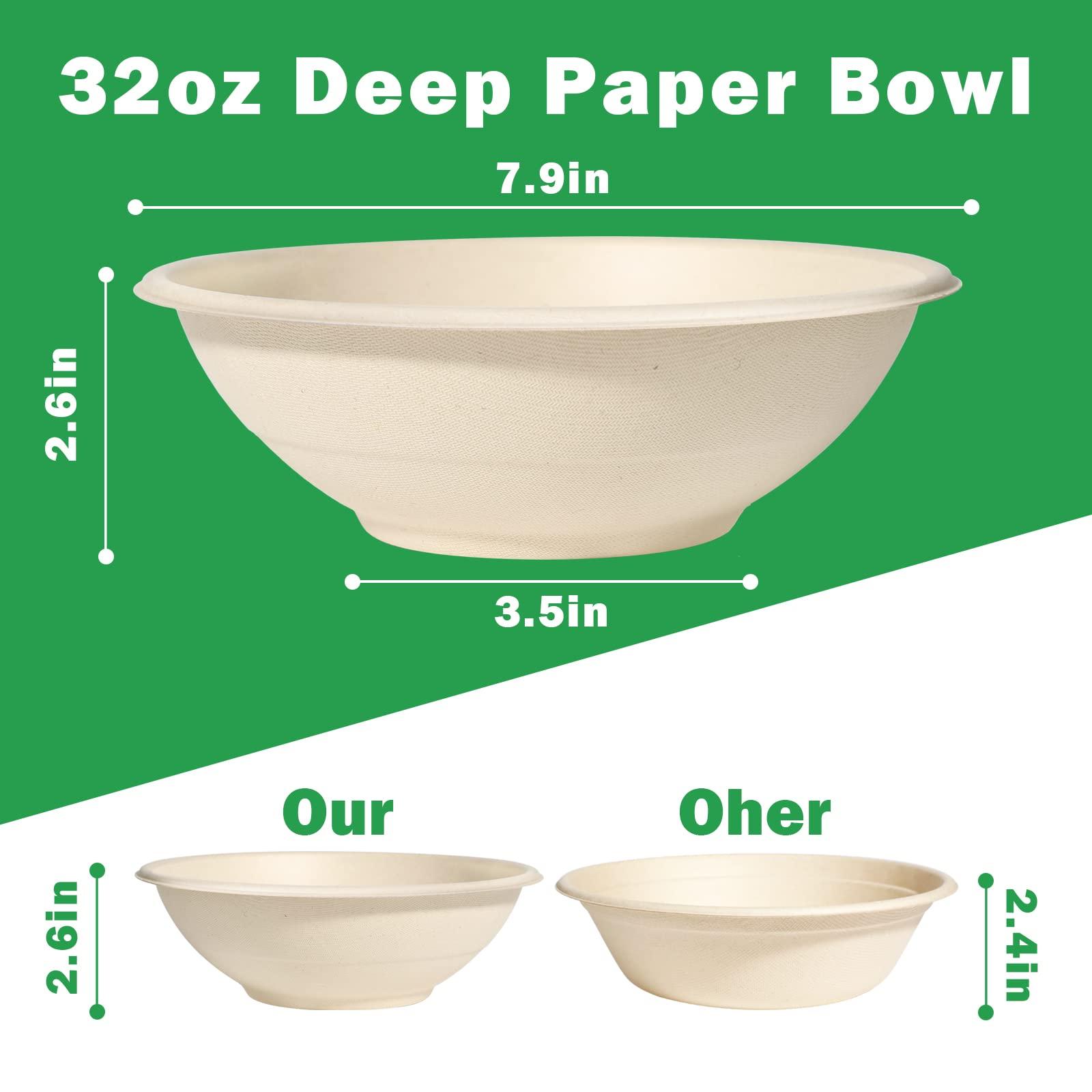 Bionutrio 32oz Bowls Disposable Heavy Duty, Compostable Paper Bowls, Large Disposable Bowls 100 Pack, Deep Paper Soup Bowls For Hot And Cold Food, Biodegradable Bowls Made of Sugarcane for Salad Cereal Snacks