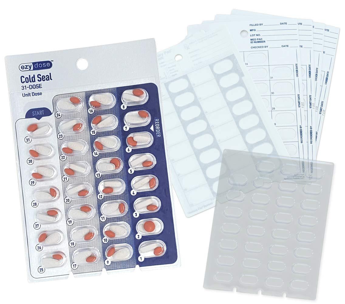 Apothecary Medication Blister Pack Refill Set Cold Seal - Includes Blister Trays & Cold-Seal Cards - Pill Blister Sizes Regular or Jumbo Blisters (Monthly - Standard 1/2" Deep - 50 Pack)