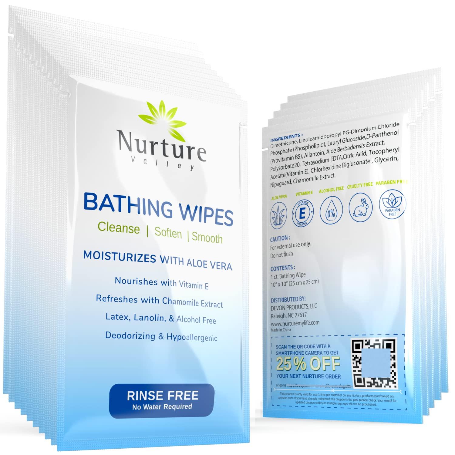 Nurture Valley Nurture Rinse Free Bathing Wipes for Adults w/Aloe Waterless Cleansing for sensitive skin Disposable Adult Body Bath Wet Wipe for Disabled Bedridden (Pack of 40 (individually wrapped))
