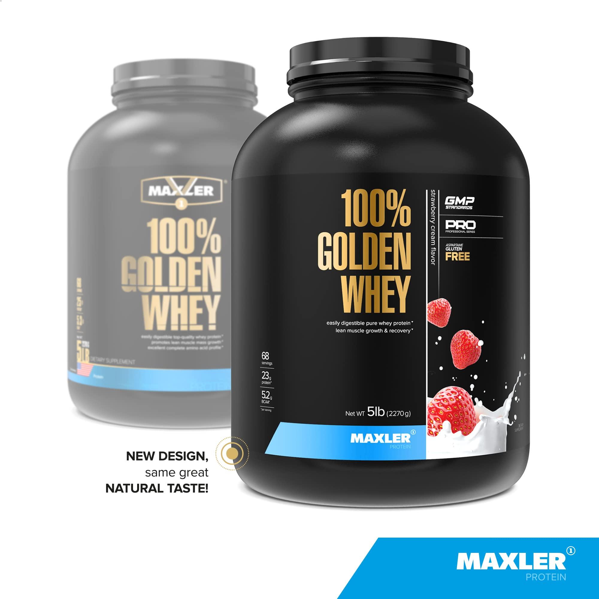 Maxler Maxler 100% Golden Whey Protein - 23g of Premium Whey Protein Powder per Serving - Pre, Post & Intra Workout - Fast-Absorbing Whey Hydrolysate, Isolate & Concentrate Blend - Strawberry Cream 5 lbs