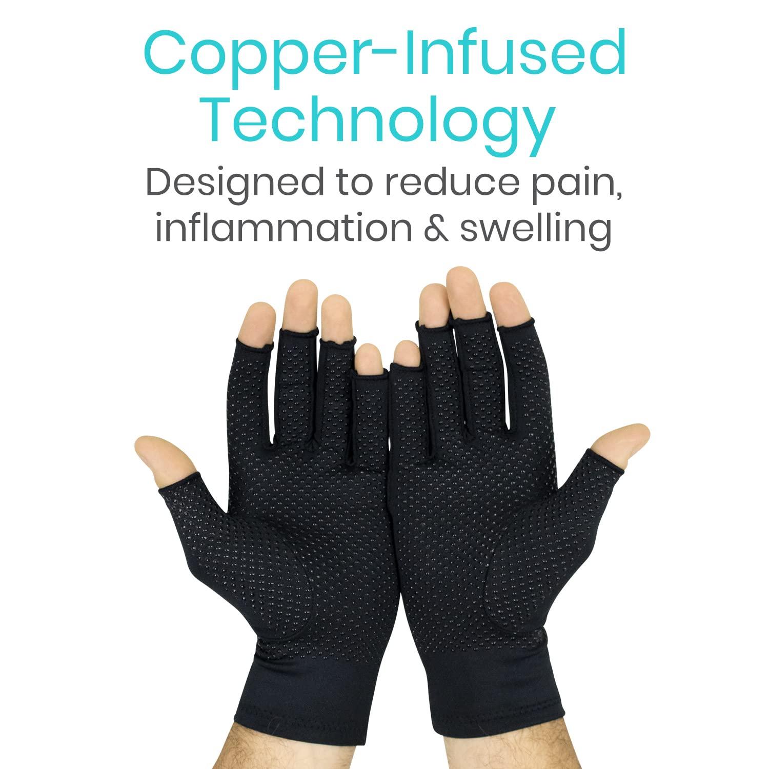 Vive Vive Fingerless Arthritis Gloves for Men & Women Made w/Copper Infused Fabric - Therapeutic Compression for Swelling, Carpal Tunnel, Tendonitis, Edema, & Finger Pain - Comfortable Non-Slip (Large)