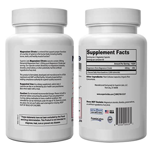Superior Labs Superior Labs Magnesium Citrate - 100% NonGMO Safe from Additives, Stearates, Gluten and Other Allergens - Powerful Dose for Sleep, Cramps, Twitches - 1,250mg Citrate, 120 Vegetable Caps