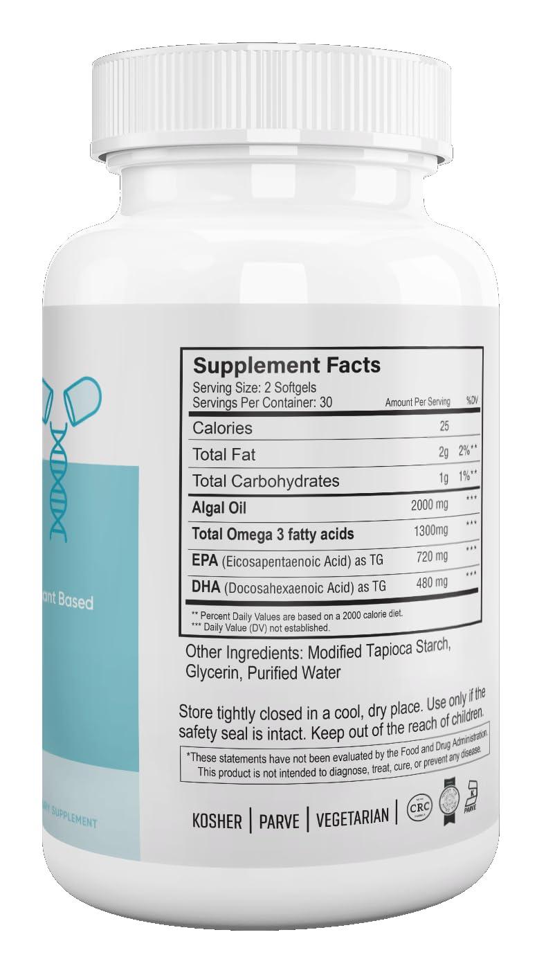 NUTRI-SUPREME RESEARCH Nutri Supreme Omega 3, Plant Based Omega 3, Fish Free Premium Algal Oil Omega 3 Supplement for Heart, Skin, Brain, Eye and Immune Support, 60 Vegetarian Capsules