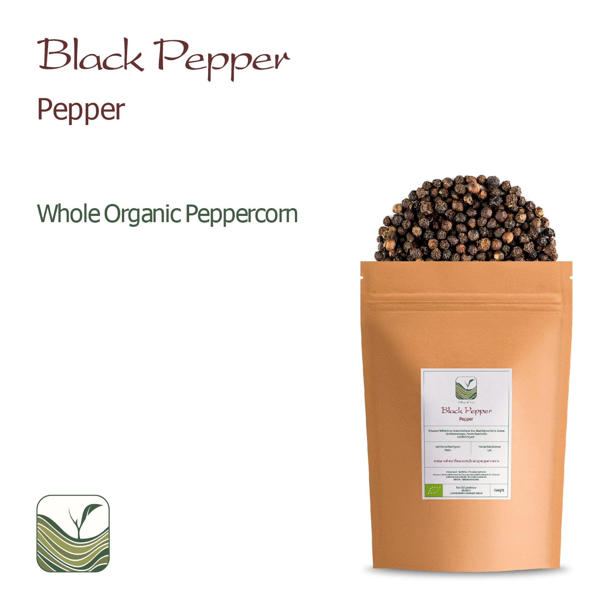 Valley of Tea Black Pepper Whole Corns Organic - Gourmet Black Peppercorn - Black Peppercorns For Grinder Refill - Grinder Peppers Peppercorns Whole Pepper Corns Pepper Corn For Grinding Pepper Whole Pepercorn 100g