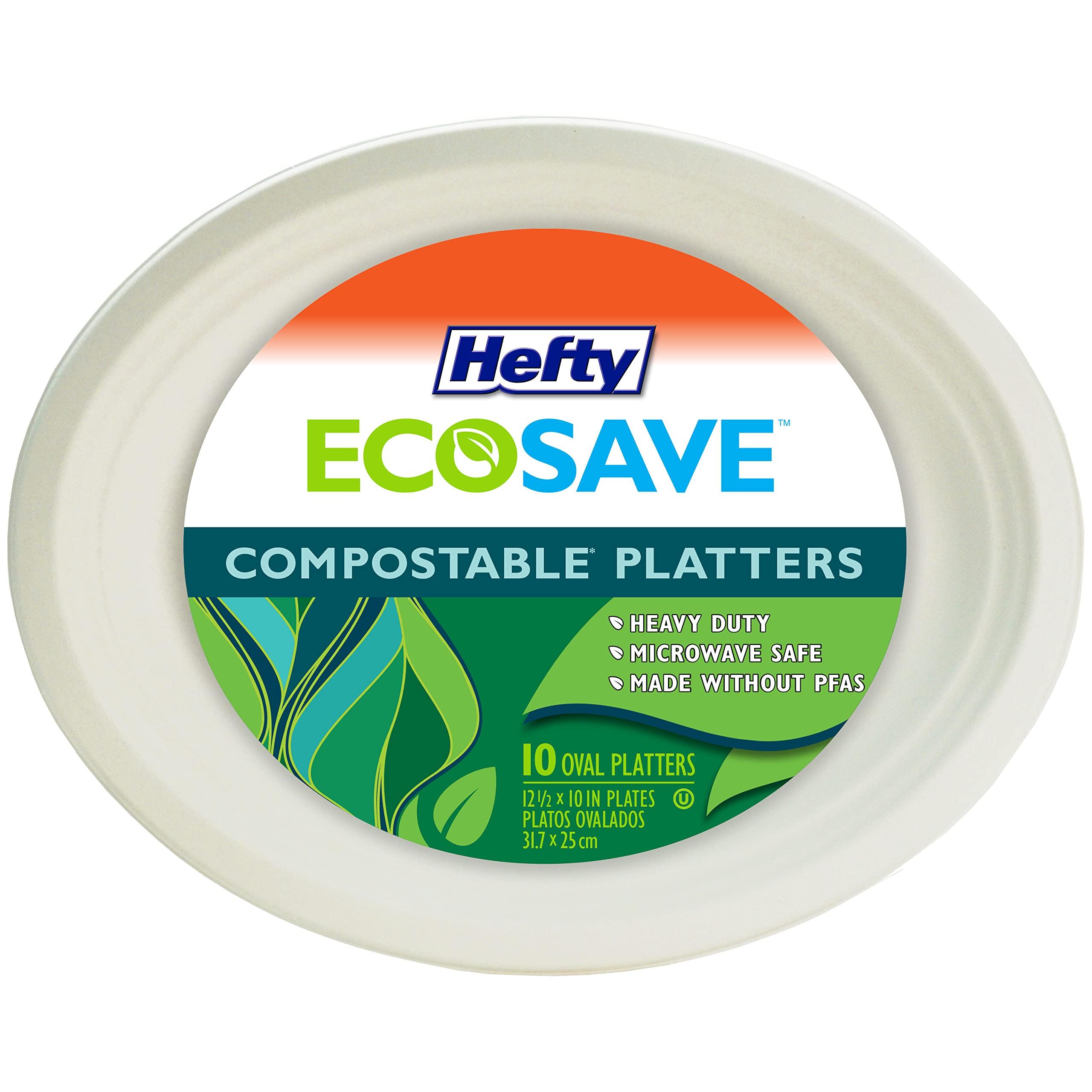 Hefty Hefty EcoSave Disposable Oval Platters, Made from Plant Based Materials, Heavy Duty & Microwave Safe Large Oval Platter Paper Plates, 10 CT (Pack of 4)