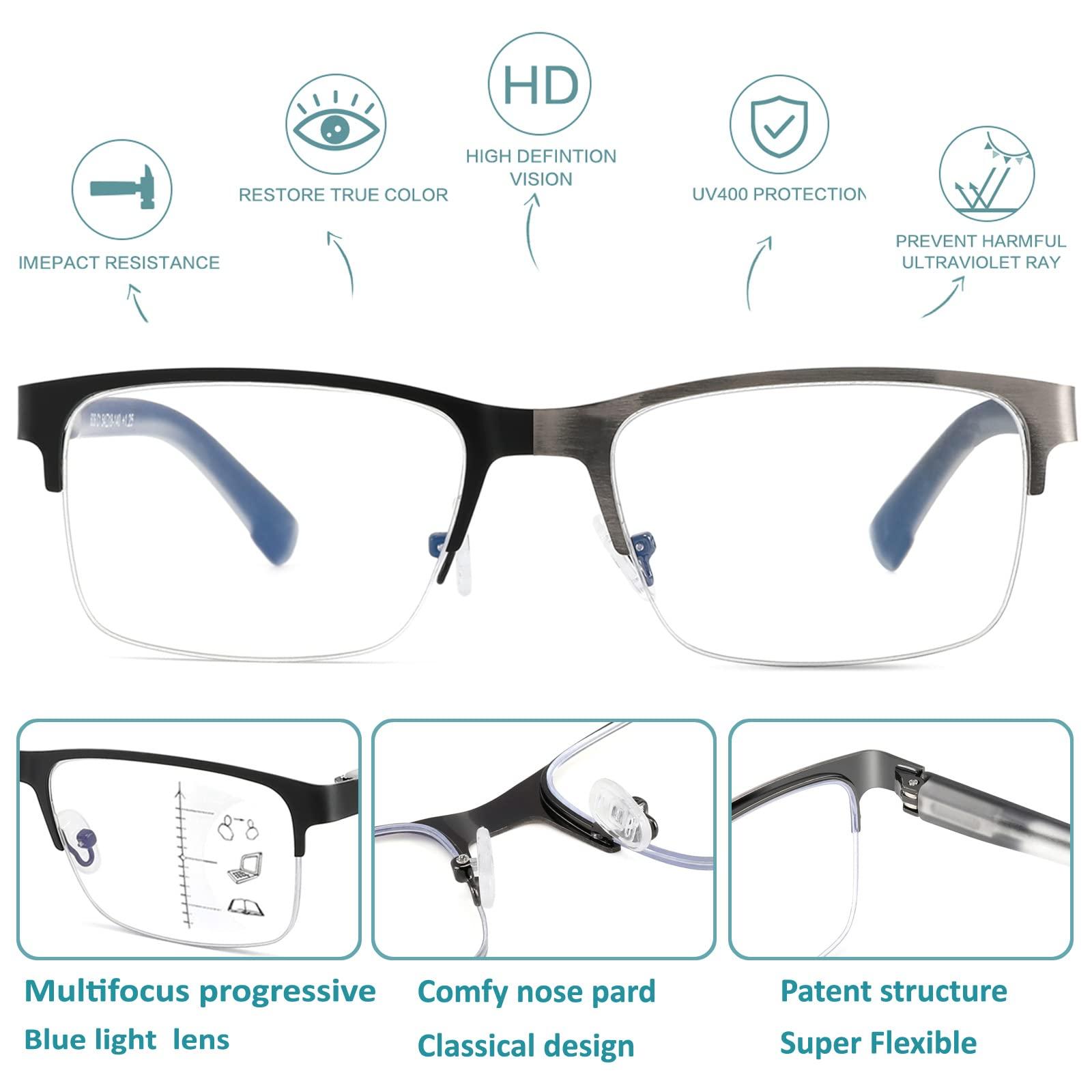 SUNAMOY Multifocus Reading Glasses Men Progressive Multifocal Blue Light Computer Reader Half Frame Metal Extra Wide Eyeglasses No Line Bifocals Large Designer Cheaters Transition Square Eyewear 2packs 1.25
