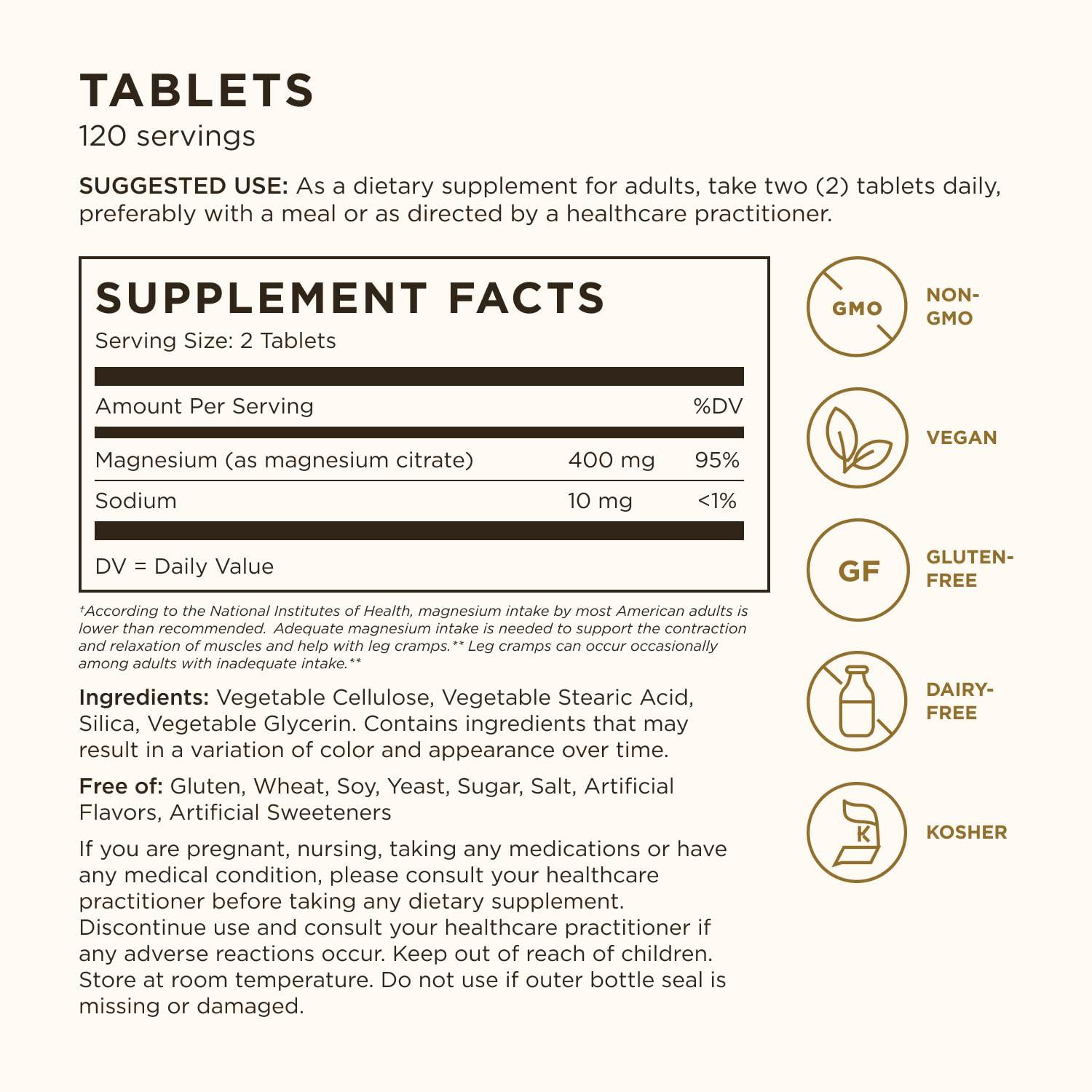 Solgar Solgar Magnesium Citrate, 120 Tablets - Promotes Healthy Bones - Supports Nerve & Muscle Function - Non GMO, Vegan, Gluten Free, Dairy Free, Kosher - 60 Servings