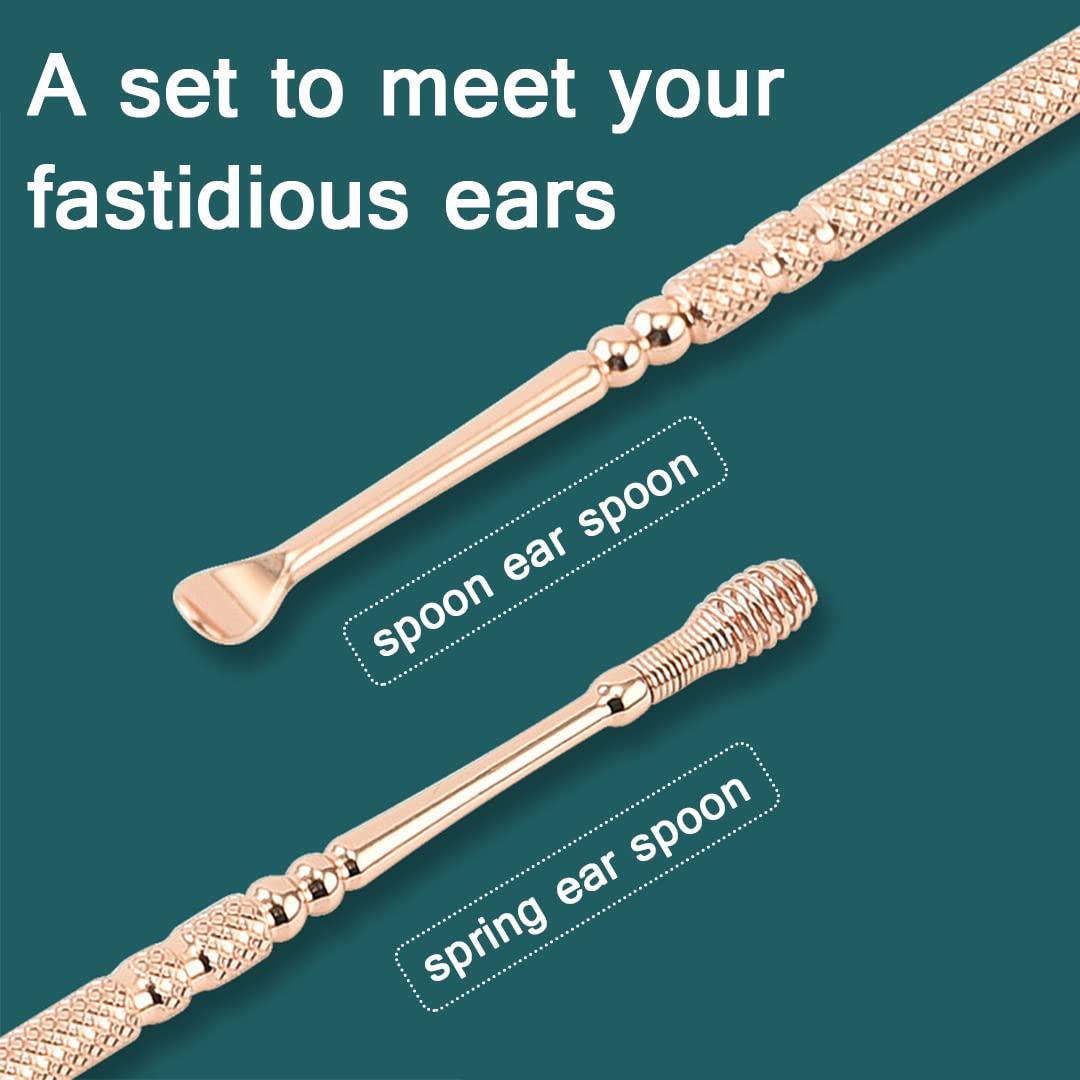 TFK.XTAY Spring Ear Wax Cleaner Tool Set Ear Cleaner Ear Cleaner Tool Ear Wax Removal Spoon Double Ended with Stainless 360° Spiral Ear Massage Cleaning Tool Ear Cleaner Cleaning Brush and Storage Box Gold