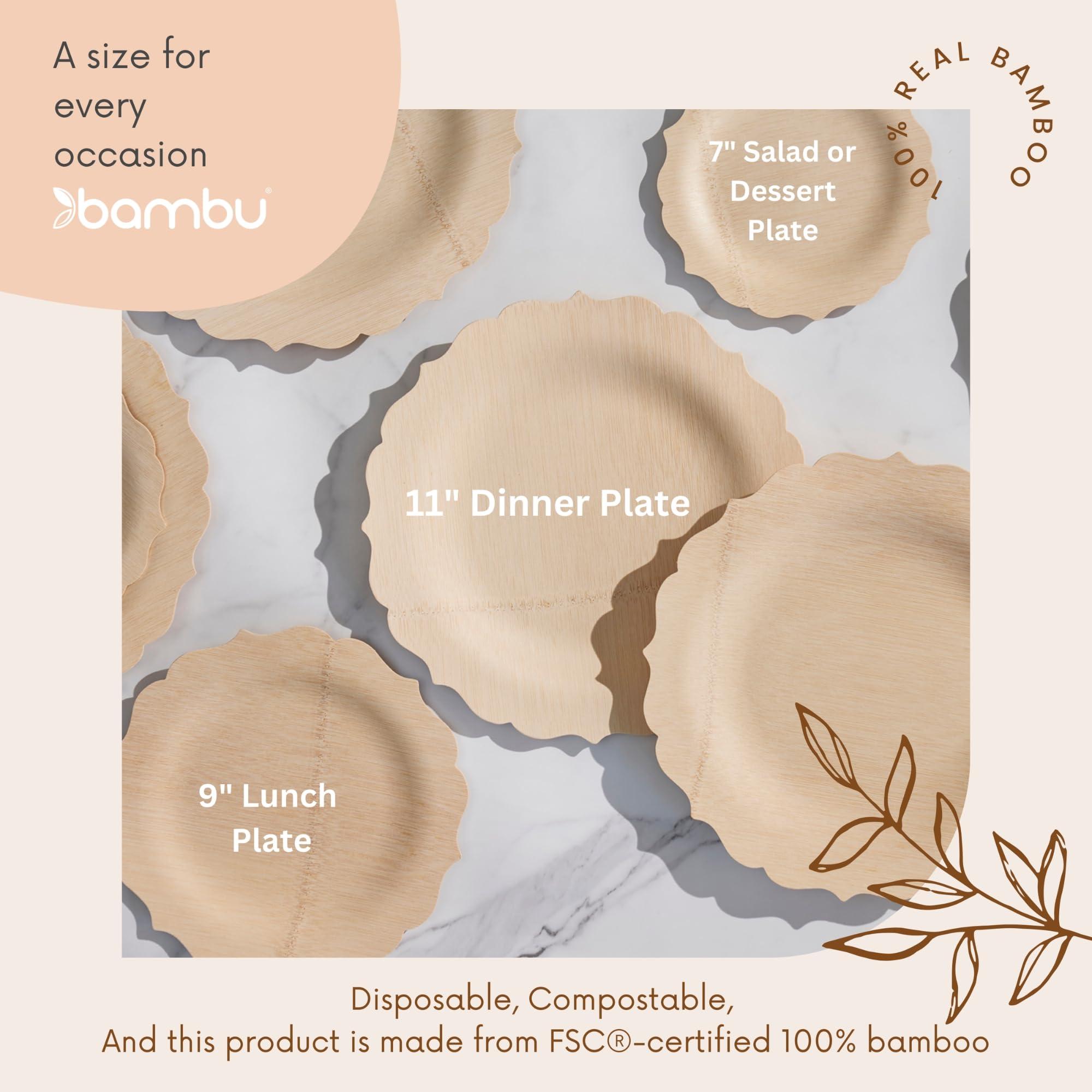 Bambu Bambu Pack of 100-9 Inch Disposable Bamboo Plates Fancy, Biodegradable Eco Friendly Products, Bamboo Disposable Plates for Party, Weddings, and Events, Great For Any Occasion - Bulk Case