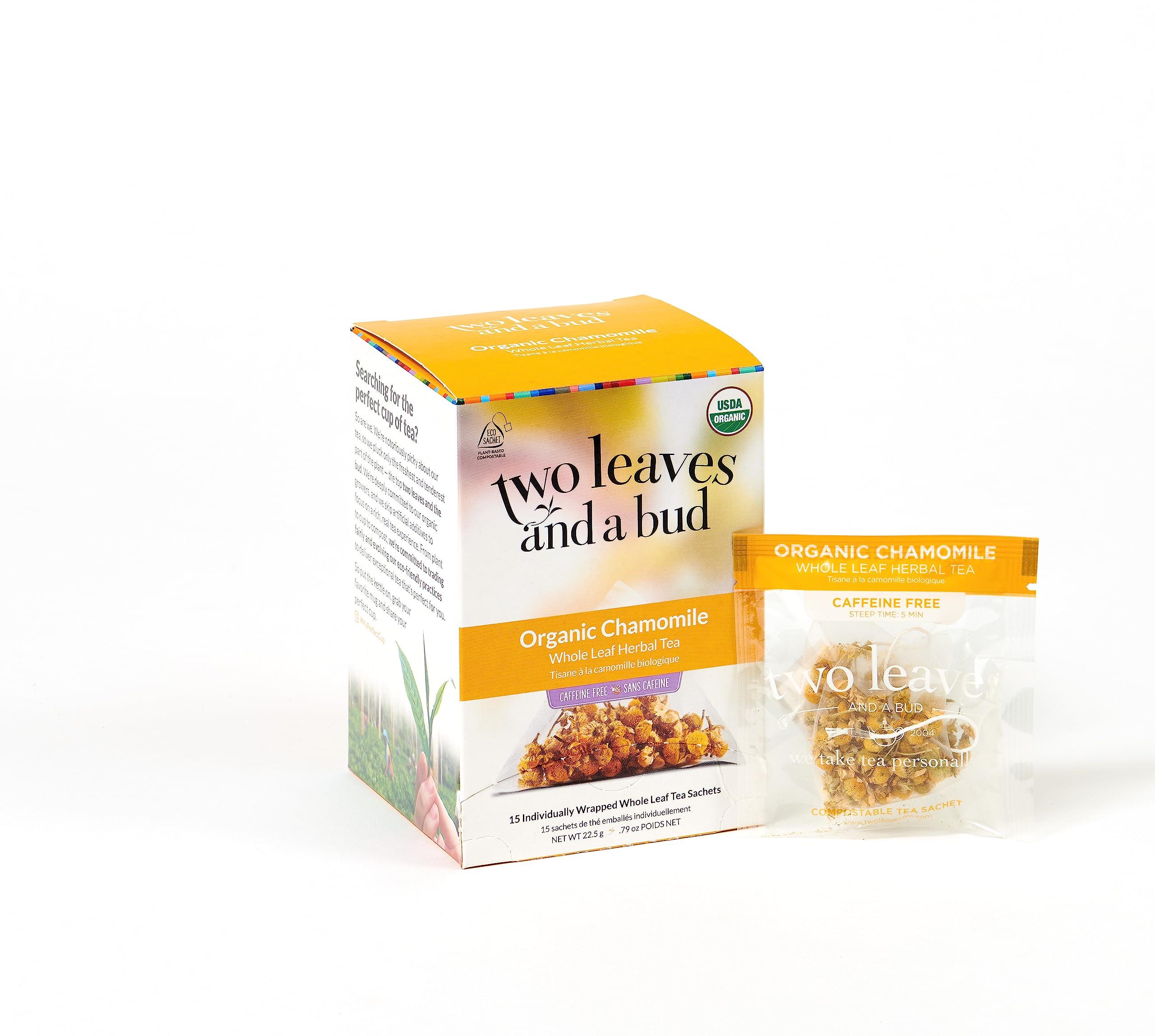 Two Leaves and a Bud Two Leaves and a Bud Organic Chamomile Herbal Tea Bags, Naturally Caffeine Free, Whole Leaf Chamomile Tea in Compostable Sachets, 15 Count (Pack of 1)
