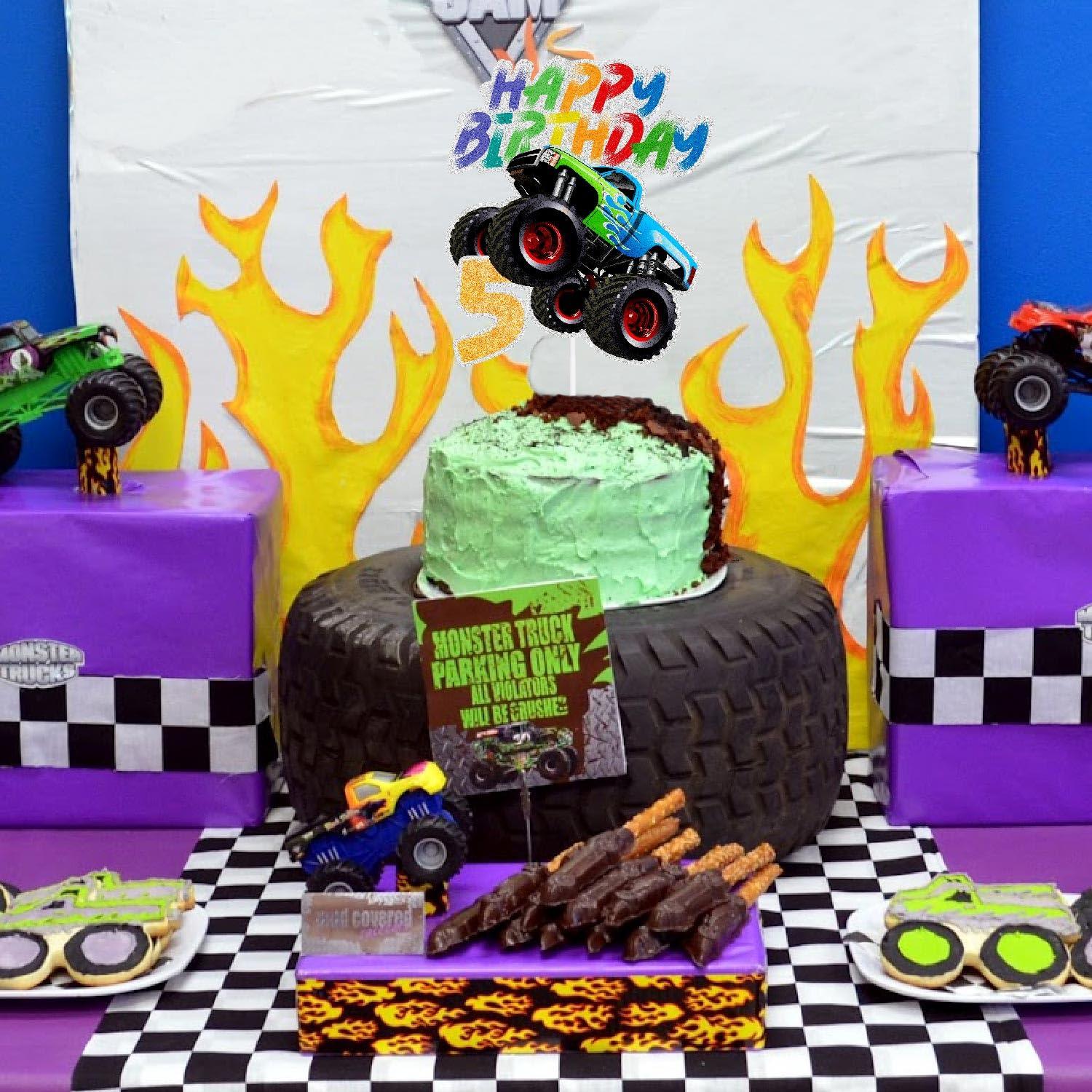 SugarGera Big Wheels Truck Cake Topper Truck Theme Kids 5th Birthday Happy Decoration, Boy or Girl Big Truck Themed Birthday Party, Racing Themed Party, Transportation Themed Party Decoration. SugarGera
