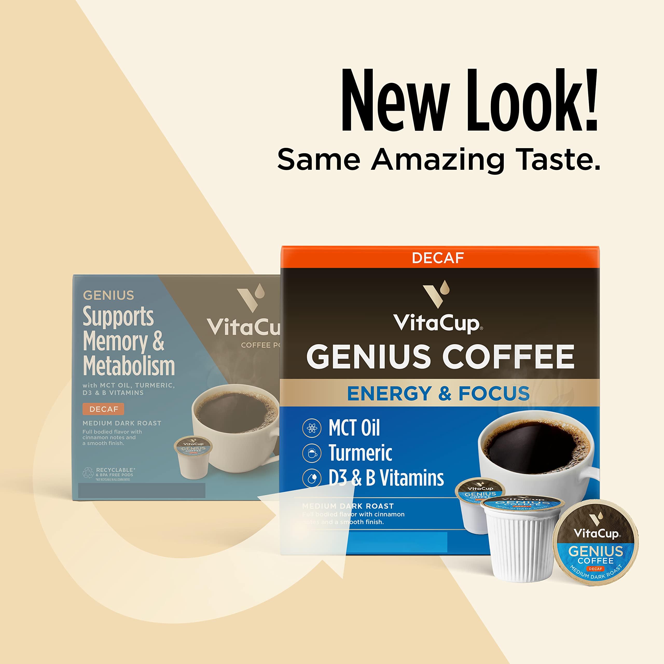 VitaCup Decaf Genius Keto Coffee Pods with MCT Oil, Turmeric, and B Vitamins by VitaCup for Focus in Recyclable Single Serve Pod Compatible with K-Cup Brewers Including Keurig 2.0, 32 CT