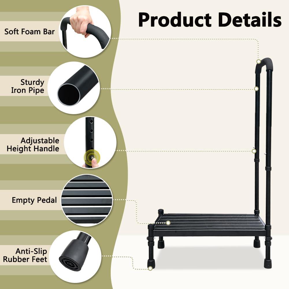 NEAUDE Medical Step Stool with Handle SUV Car Elderly Handicap Steps for RV Mobile Home with Handrail for Adults Seniors Bariatric Metal Stepping Stool Safety Step Assist Adjustable 300lb Foot Stool
