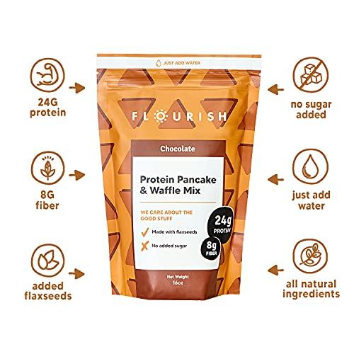 Flourish Flourish - Protein Pancake & Waffle Mix, Whey Protein Isolate & Flax Seed, Non-GMO, No Added Sugar, Superfood, High Protein & Fiber, Just Add Water - Chocolate, 16oz