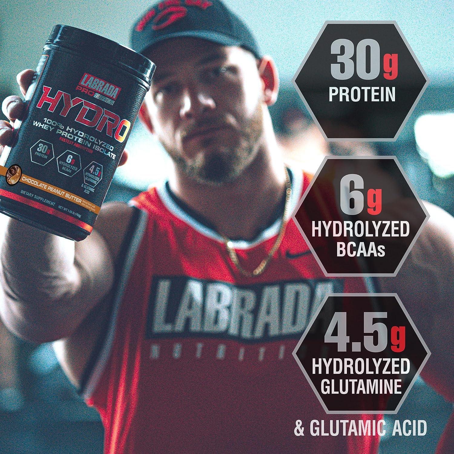 Labrada LABRADA HYDRO 100% Pure Hydrolyzed Whey Protein Isolate Powder, Lactose free, 6g BCAAs, 4.5g Glutamine, Fastest Digesting Whey Available, Instant Mixing, Delicious Taste 20 Servings Choc PeanutButter