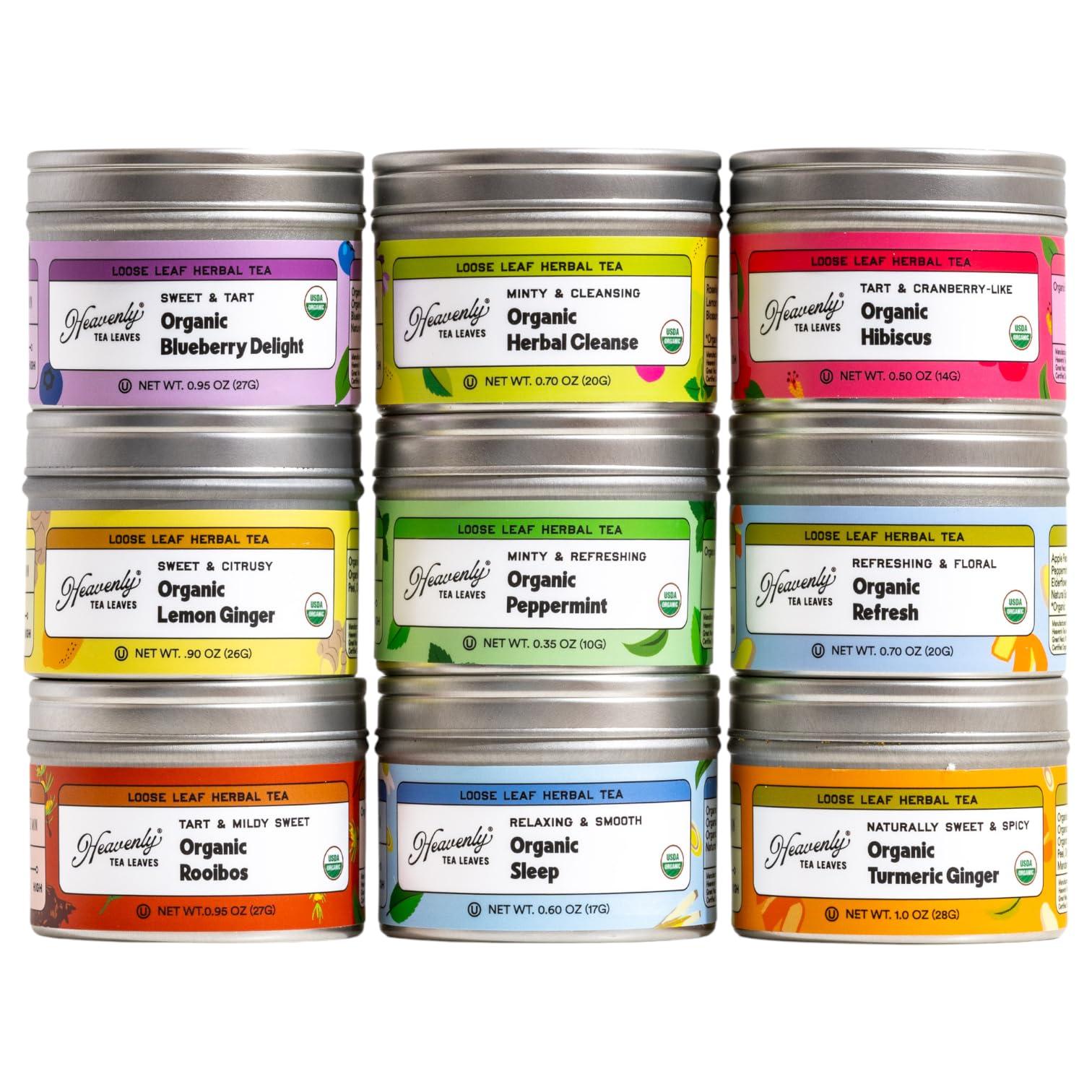 Heavenly Tea Leaves Heavenly Tea Leaves Organic Loose Leaf Herbal Tea Sampler (Approx. 90 Cups of Tea), 9 Naturally Caffeine-Free Tisanes - Great Hot or Iced, Variety Pack, Assorted Gift Set, Health & Immune Support