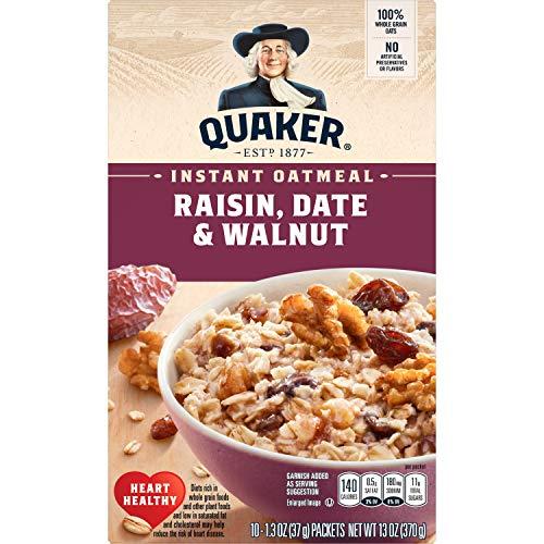 FCV Quaker Raisin, Date & Walnut 100% Whole Grains Fiber Instant Oatmeal - 2 Boxes (26 oz)