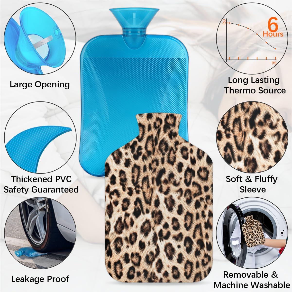 POFATO Leopard Print Fur Pattern Hot Water Bottle with Cover for Pain Relief Cramps, 2L Rubber Warm Hot Water Bags for Bed Hand Feet Belly Warmer, Hot or Cold Compress Water Bottle
