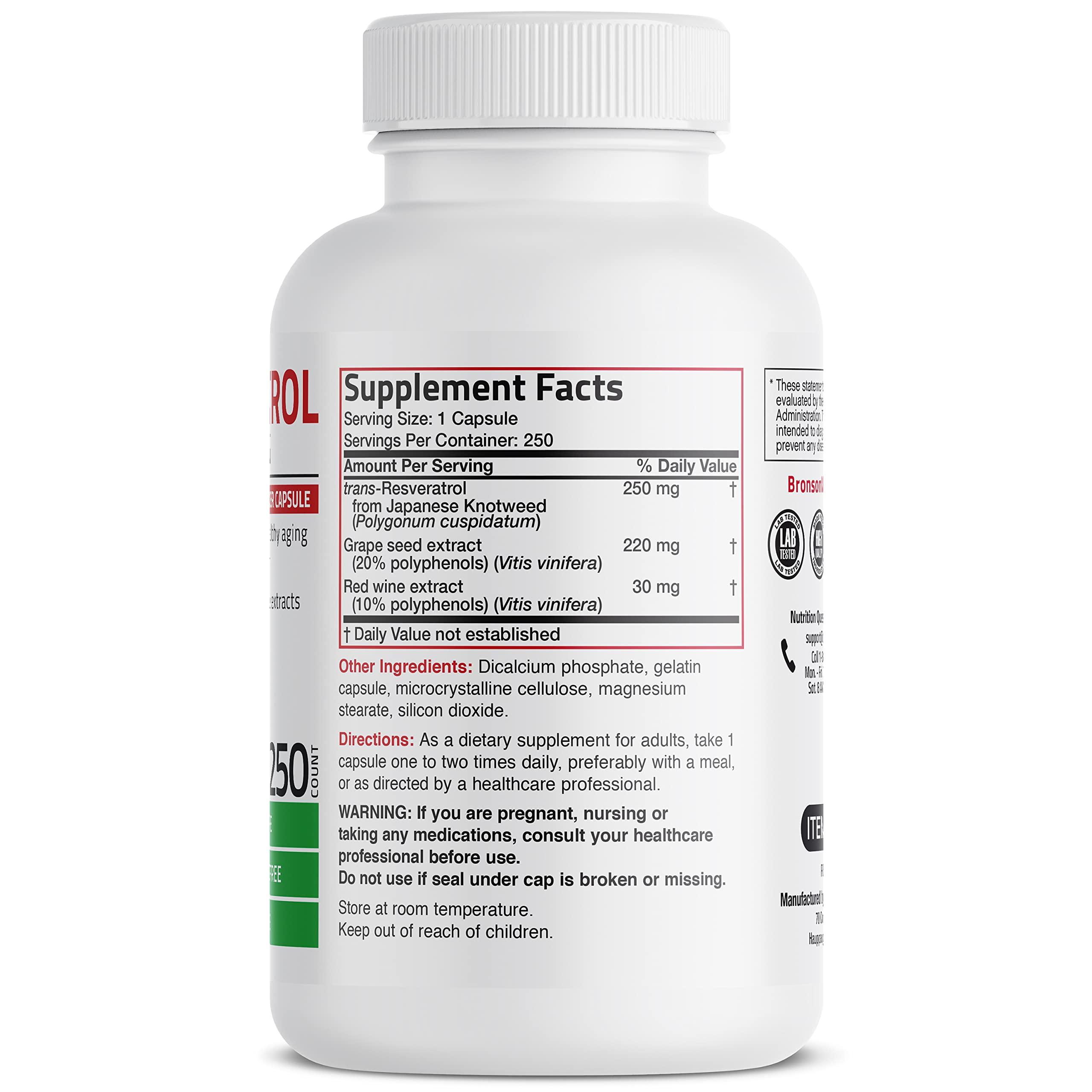 Bronson Bronson Resveratrol 500 Complex Standardized Trans-Resveratrol + Grape Seed & Red Wine Extract, 250 Capsules