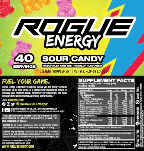 Rogue Energy Rogue Energy Energy Drink Powder for Long Gaming Hours - Energy Powder for Mental Focus - Sugar & Gluten Free - Gaming Supplement with Caffeine & Vitamins - Made in USA (Sour Candy - 40 Servings)