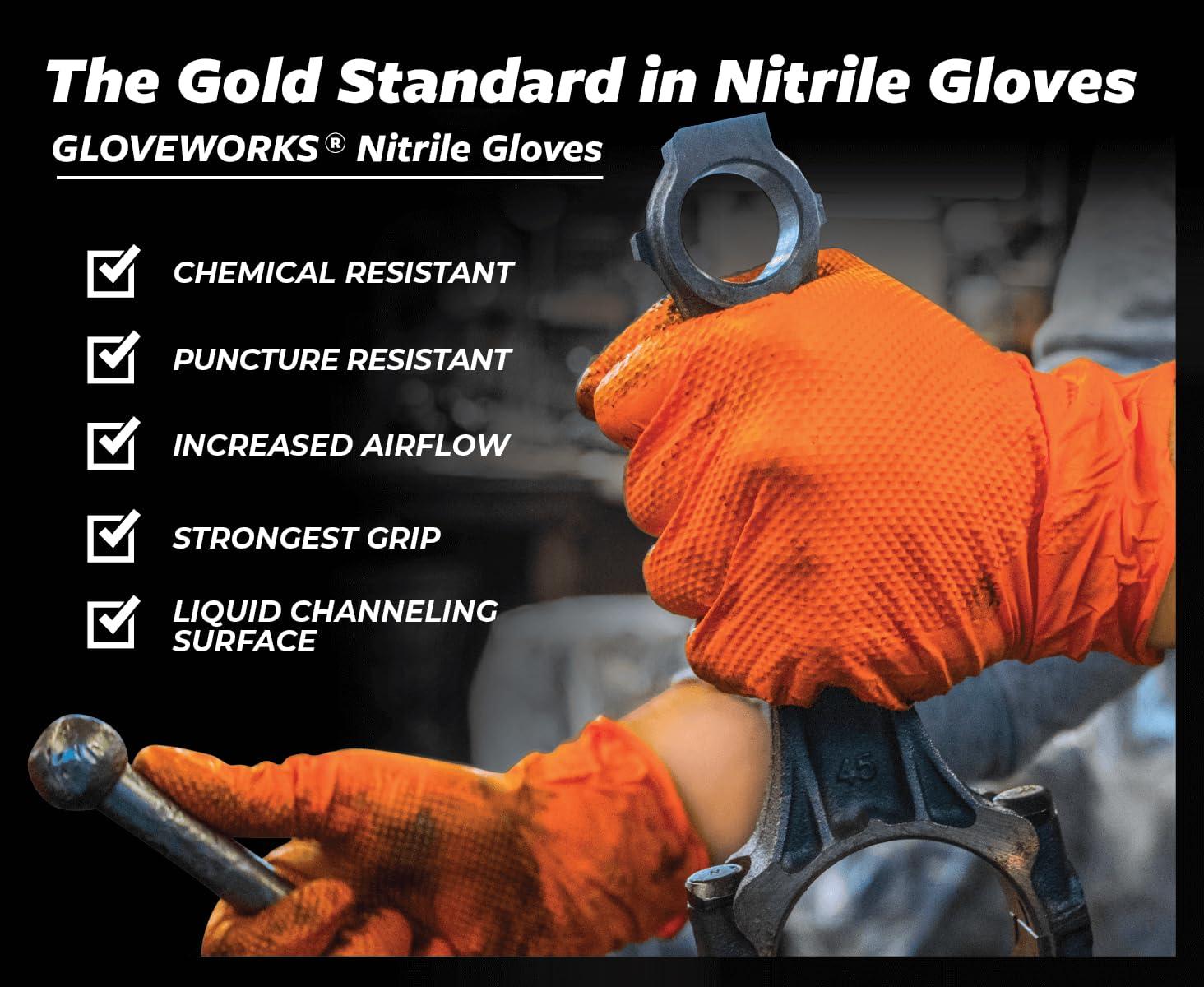 GLOVEWORKS GLOVEWORKS HD Orange Nitrile Industrial Disposable Gloves, 8 Mil, Latex-Free, Raised Diamond Texture, Large, 10 Boxes of 100