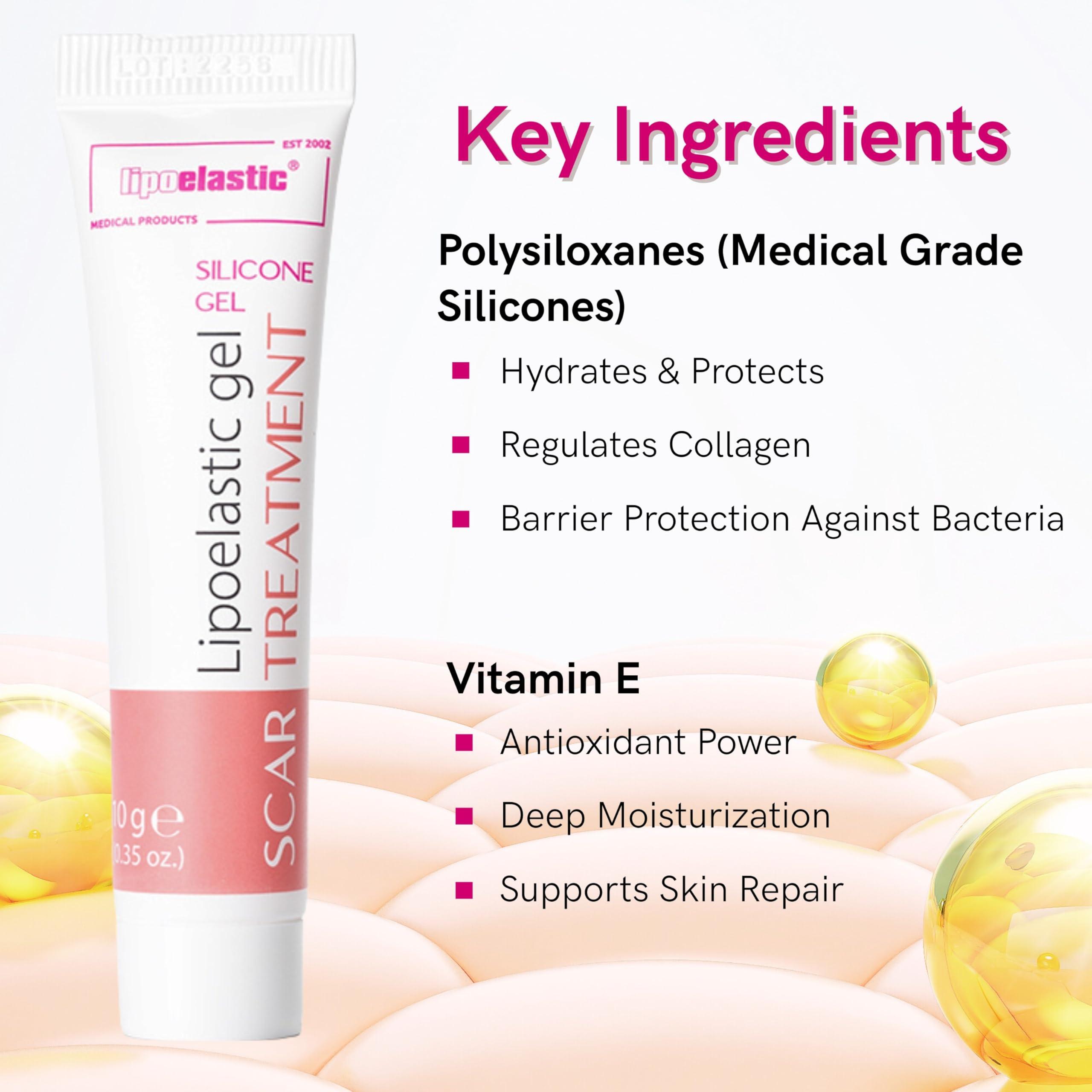 LIPOELASTIC LIPOELASTIC Silicone Scar Cream for Surgical Scars, Medical Grade Silicone Scar Gel with Vitamin E for C-Section, Burn, Stretch Marks, Wound, Old Scar, Acne Scar Treatment, Crema para Cicatrices