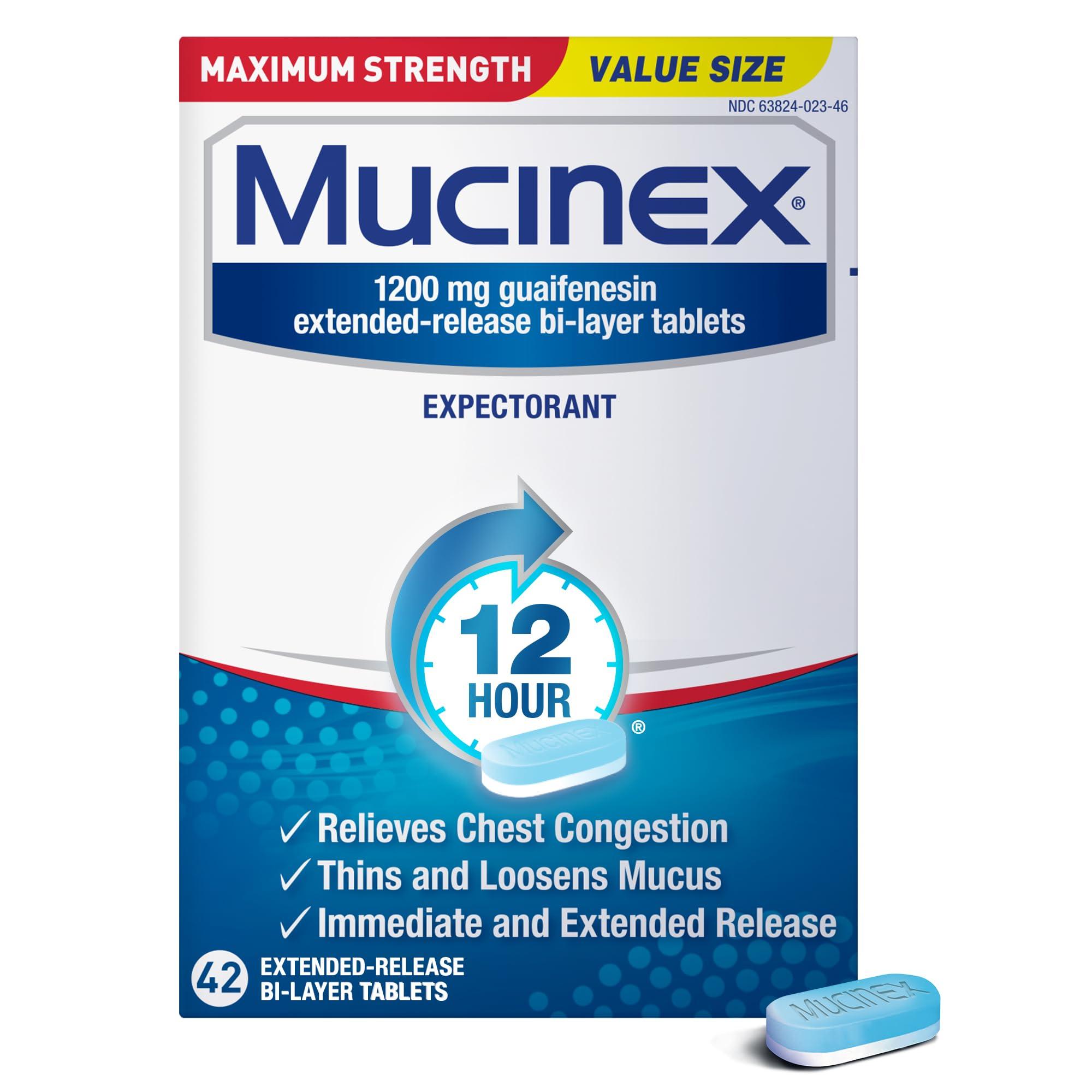 Mucinex Mucinex 12 Hour Maximum Strength 1200 mg Guaifenesin Extended-Release Tablets for Excess Mucus Relief, Expectorant Aids Excess Mucus Removal, Chest Congestion Relief, 42 Tablets