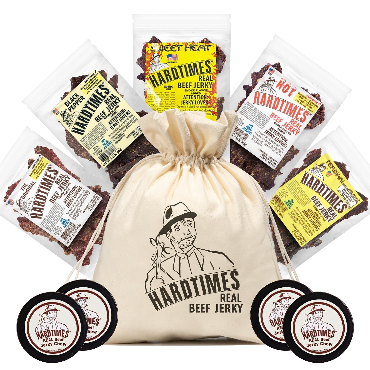 hardtimes Hardtimes Beef Jerky - Variety, Specialty Gift Bag - Great Gift for Father\'s Day, Holiday, & Birthday - 5 Pack of 2.25 oz Bags Original, Black Pepper, Hot, Teriyaki, & Sweet Heat - 4 Jerky Chews