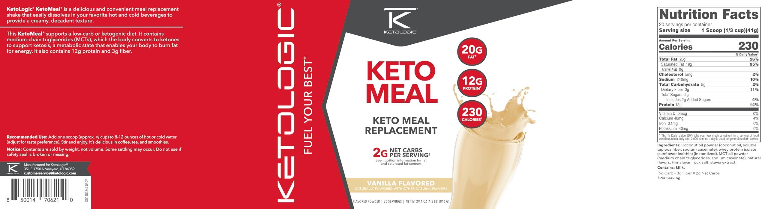 Ketologic Ketologic Keto Meal Replacement Shake Powder for Optimal Results + MCT Oil + Grass-Fed Whey - Perfectly Formulated Macros for Ketosis - 20 Servings - Vanilla
