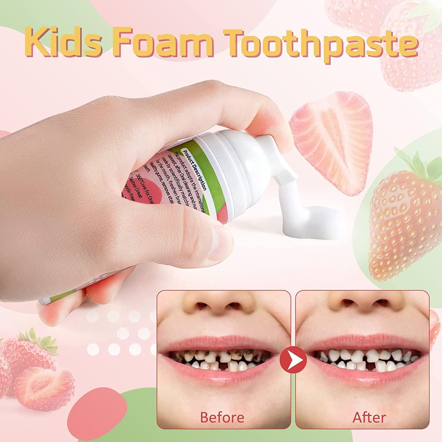Pegciz Foam Toothpaste Kids with Fruit Flavor, Toddler Toothpaste with Low Fluoride for U Shaped Toothbrush, Foaming Toothpaste and Mouthwash for Dental Care for Children (Blueberry+Strawberry+Orange)