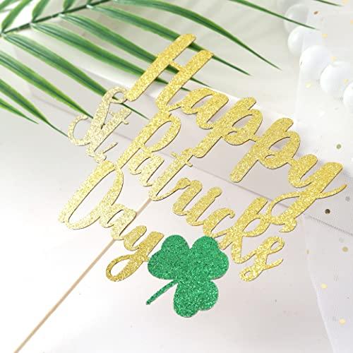 BOOMPA St Patrick’s Day Birthday Cake Topper - Lucky St Paddy’s Day Four Leaf Clover - Irish Themed Cake Decorations - Lucky 1st Happy Birthday For Gold Cake Flag - Best Photo Booth Props (St Patrick’s Day)