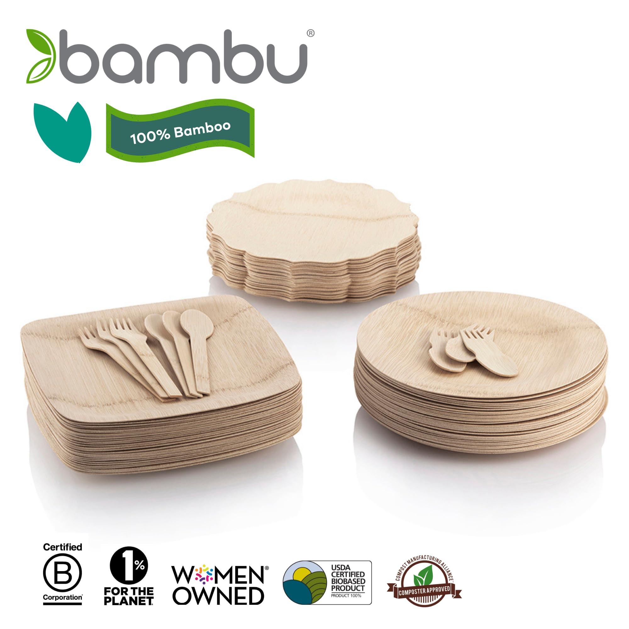 Bambu Bambu Pack of 8 - 7 Inch Disposable Bamboo Plates Fancy, Biodegradable Eco Friendly Products, Bamboo Disposable Plates for Events, Compostable Plates