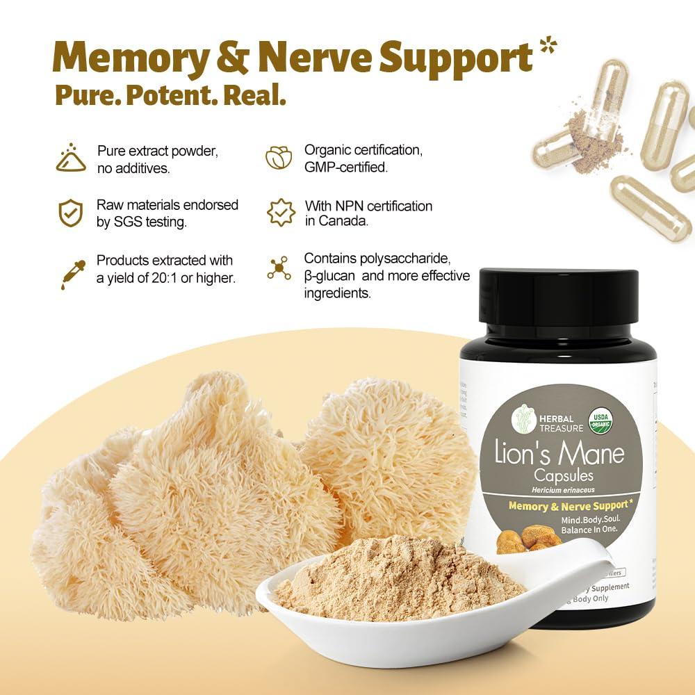 WL Herbal Treasure Herbal Treasure Lions Mane Supplement Capsules, Made with Organic Lions Mane Powder for Mental Clarity and Focus Supplements, 800mg Lions Mane Powder Organic Organic Mushroom Supplement 90 Caps
