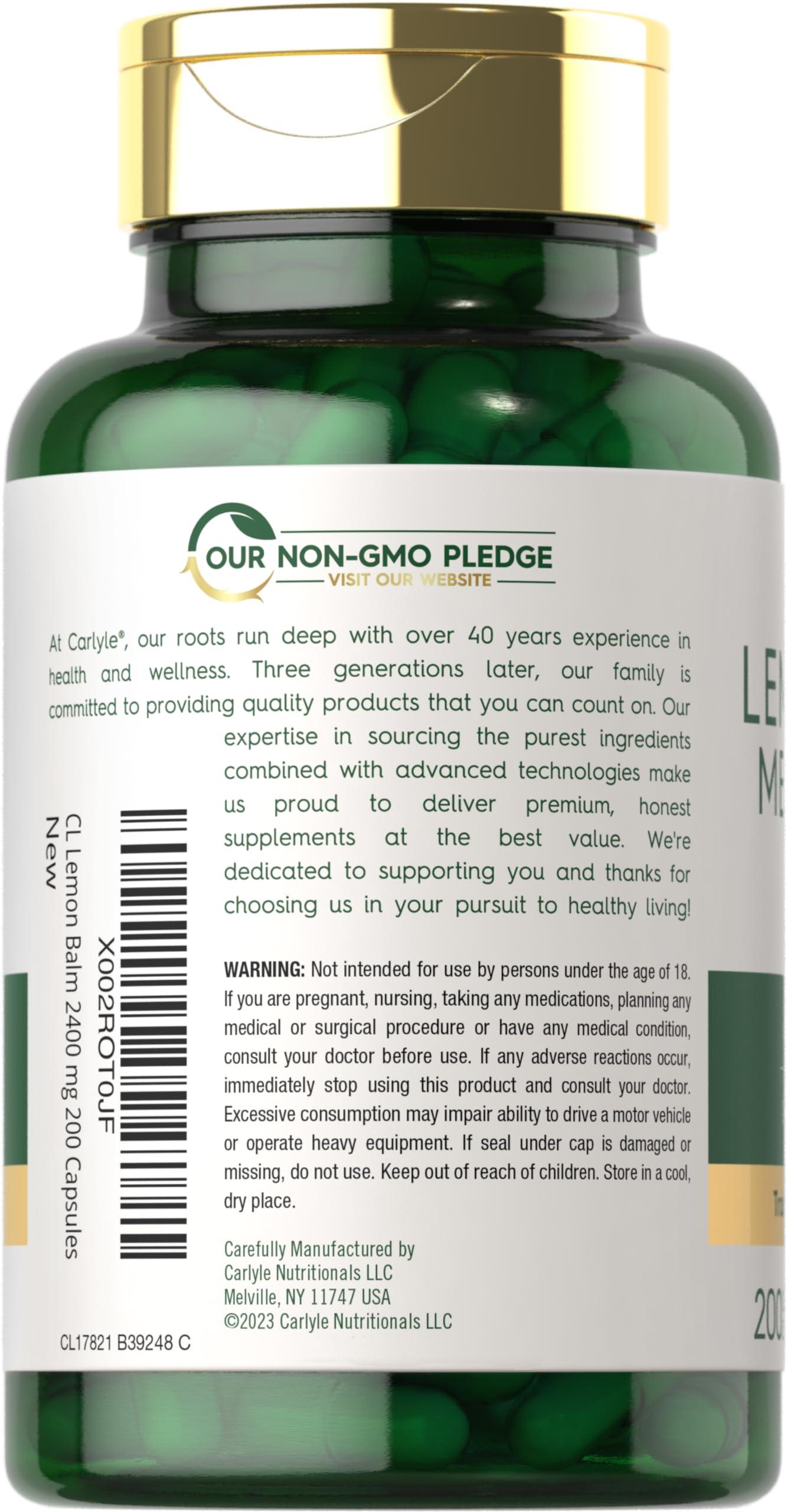 Carlyle Carlyle Lemon Balm Capsules | 200 Count | Non-GMO and Gluten Free Formula | Melissa Leaf Traditional Herbal Supplement | Super Concentrated Extract