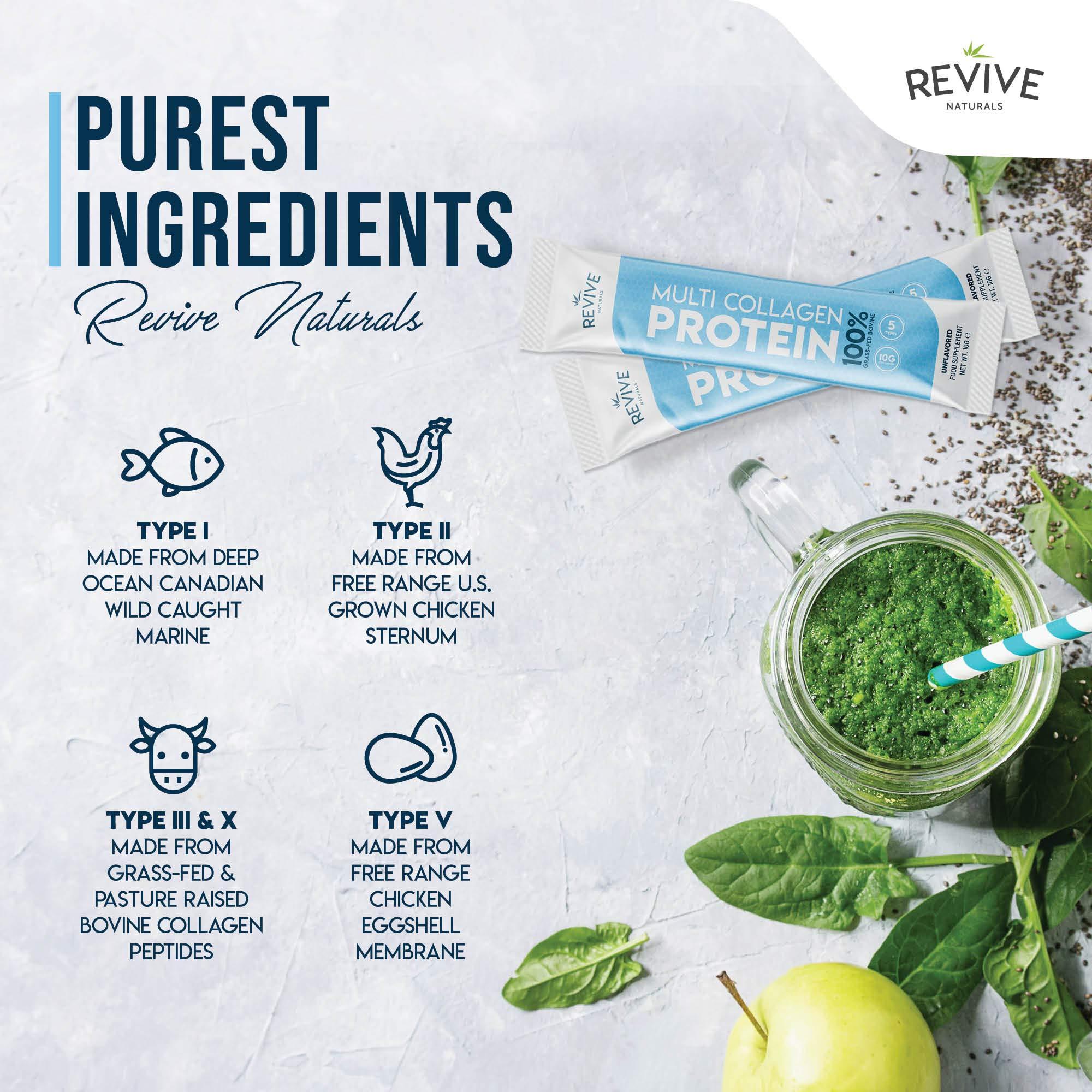 Revive Naturals Multi Collagen Protein Powder Packets - Types I, II, III, V & X - Hydrolyzed Grass Fed Bovine, Wild Caught Fish, & Free-Range Chicken & Eggshell Collagen. Non-GMO, Halal, (10g Each, 20 Packets)