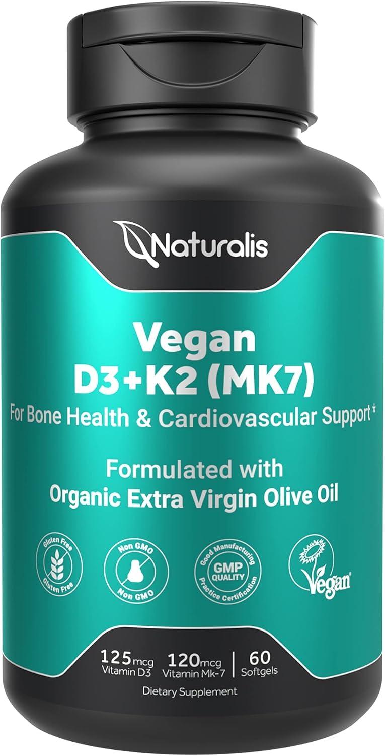Naturalis Naturalis Vegan Vitamin D3 + K2 from Algae | 5000iu Vitamin D with 120mcg MK7 Vitamin K | Vegan Society Certified, Sustainably Sourced, Better Than Animal Derived | 60 Veggie Softgels
