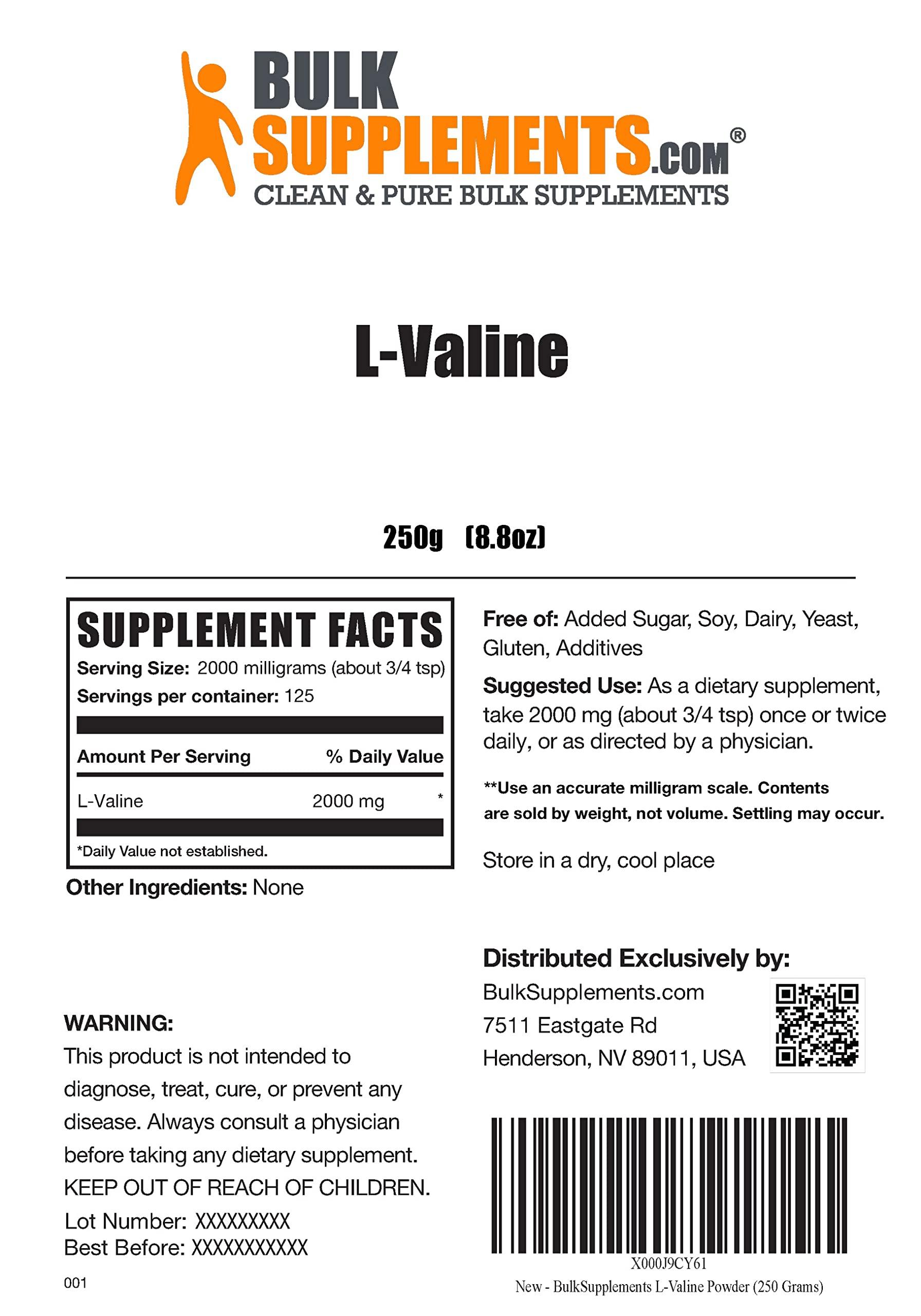BulkSupplements BulkSupplements.com L-Valine Powder - Valine Supplement, Valine Amino Acids - BCAA Supplement, L-Valine 2000mg - Gluten Free, 2000mg per Serving, 250g (8.8 oz) (Pack of 1)