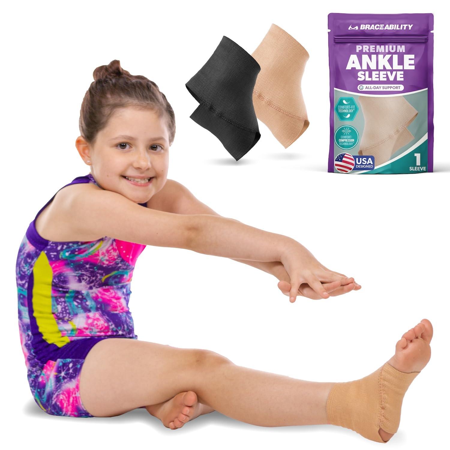 BraceAbility BraceAbility Elastic Ankle Support Brace - Youth Slip on Foot Compression Sleeve for Gymnastics, Dance, Kids, Sports, Running, and Sprained Ankle Swelling for Boys and Girls (S)