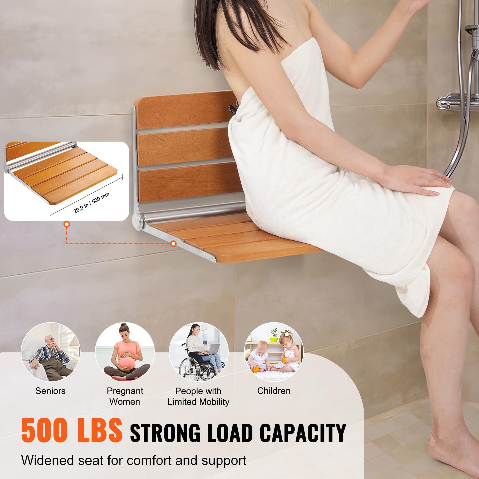 VEVOR VEVOR Folding Teak Shower Seat, 20.9 x 16'' Unfolded, Wall Mounted Fold Up Shower Bench with 500 lbs Load Capacity, Space Saving Home Care Fold Down Shower Chair, for Seniors Pregnant Women Children