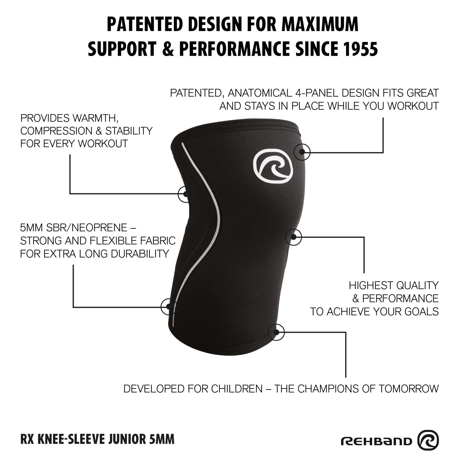 Rehband Rehband Kids Knee Sleeve made from 5mm Noprene, Knee Brace - Youth Girls & Boys Compression Knee Brace for Sports: Football, Hockey, Basketball or Running, Colour:Black - 1 Pair, Size:Large