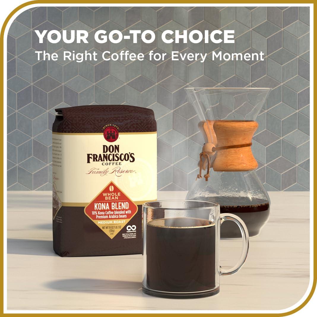 Don Francisco's Don Francisco\'s Kona Blend Medium Roast Whole Bean Coffee - Delicate Flavor for Drip, Pour Over, and French Press (18 oz Bag)
