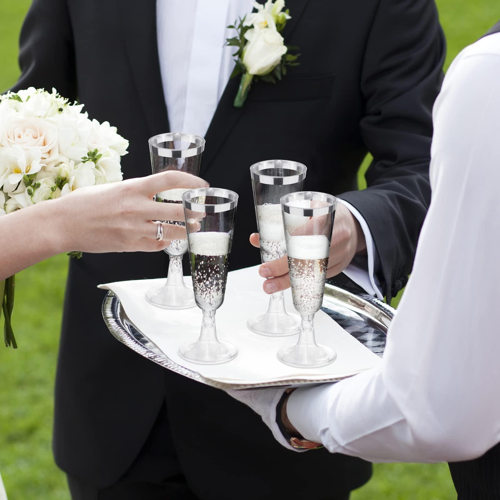 Ruisita Ruisita 120 Pack 5 Ounces Plastic Champagne Flutes Disposable Plastic Champagne Glasses for Parties Clear Toasting Flutes Cocktail Cups for Wedding, Anniversary, Birthday (Silver)