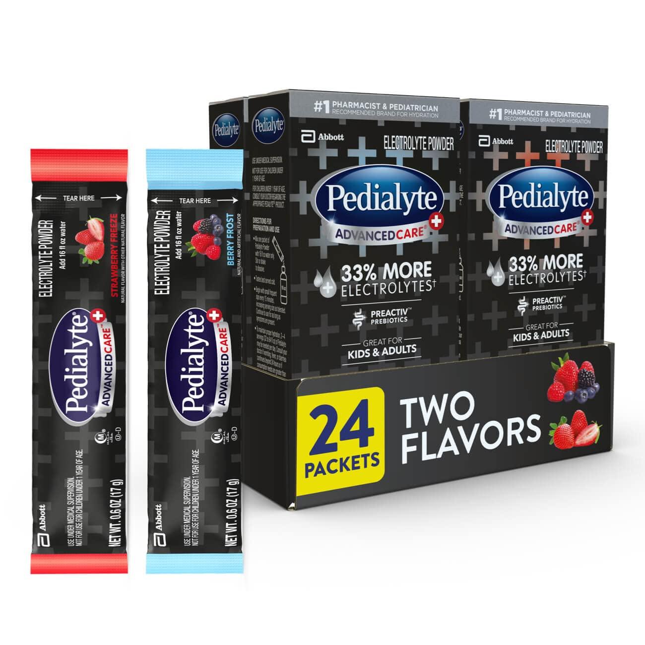 Pedilayte Pedialyte AdvancedCare Plus Electrolyte Powder Packs with 33% more electrolytes and PreActiv Prebiotics, Strawberry Freeze & Berry Frost, 24 Count