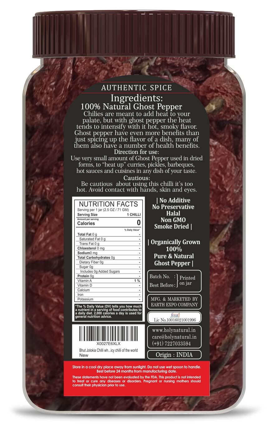 Holy Natural - The Wonder of World Ghost Pepper Chili Whole (Bhut Jolokia Chili/Ghost Pepper Pod) – 2.5 oz/71 gm, 100% Pure, Smoked, Hottest & Spicy Chili of the world, Add Unique, Delicious, and Smoky Flavour to Your Favourite Dishes