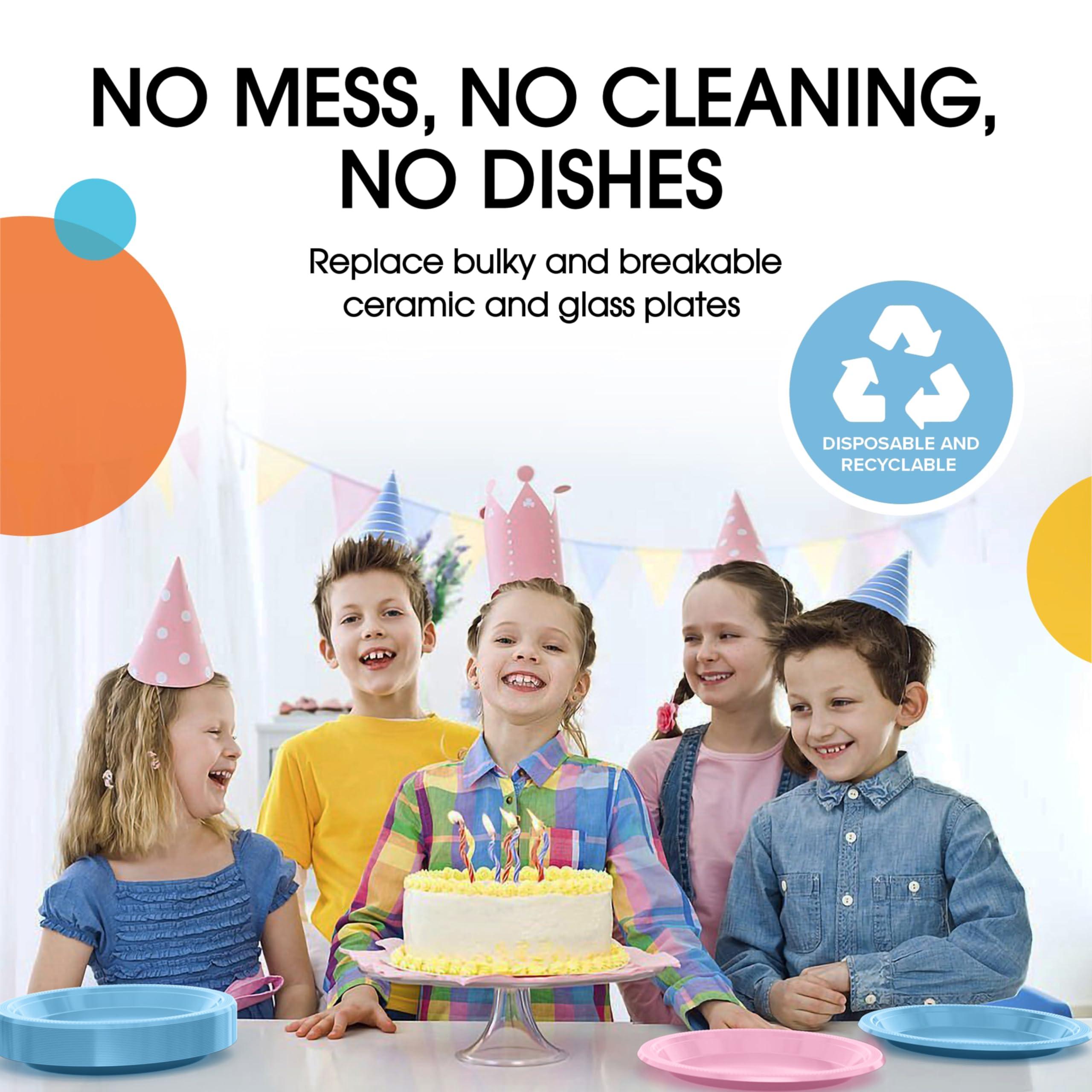 Exquisite Exquisite 9 & 7 Inch. Dinner Plate Combo 100 Pack Light Blue & Pink Plastic Plates Disposable, 50-7 Inch Dessert Plates & 50-9 Inch Dinner Plates Light Blue & Pink Plate Set Plastic Plates For Party