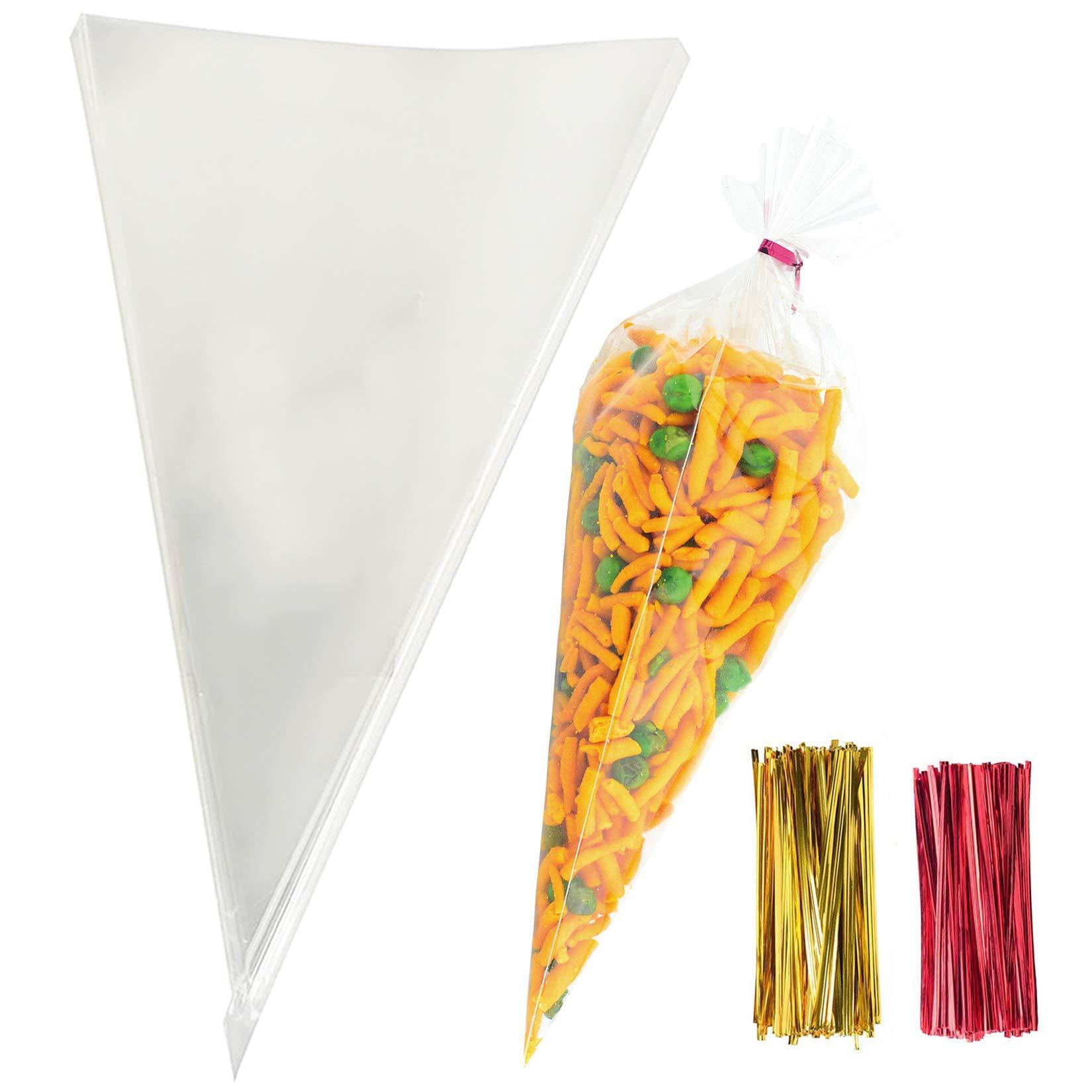 Morepack Cone Cellophane Bags,200 PCS 6.3\"x11.8\" Cello Clear Cone Shaped Treat Bags with Twist Ties, Plastic Cone Bags Triangle Bags for Popcorn Favor Candy