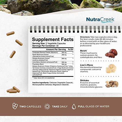 NutraCreek NutraCreek Mushroom Complex | Cordyceps Mushroom, Reishi, Shiitake, Maitake and Lions Mane Supplement. A 10-Mushroom Supplement to Support Your Mind and Body | 60 Mushroom Capsules